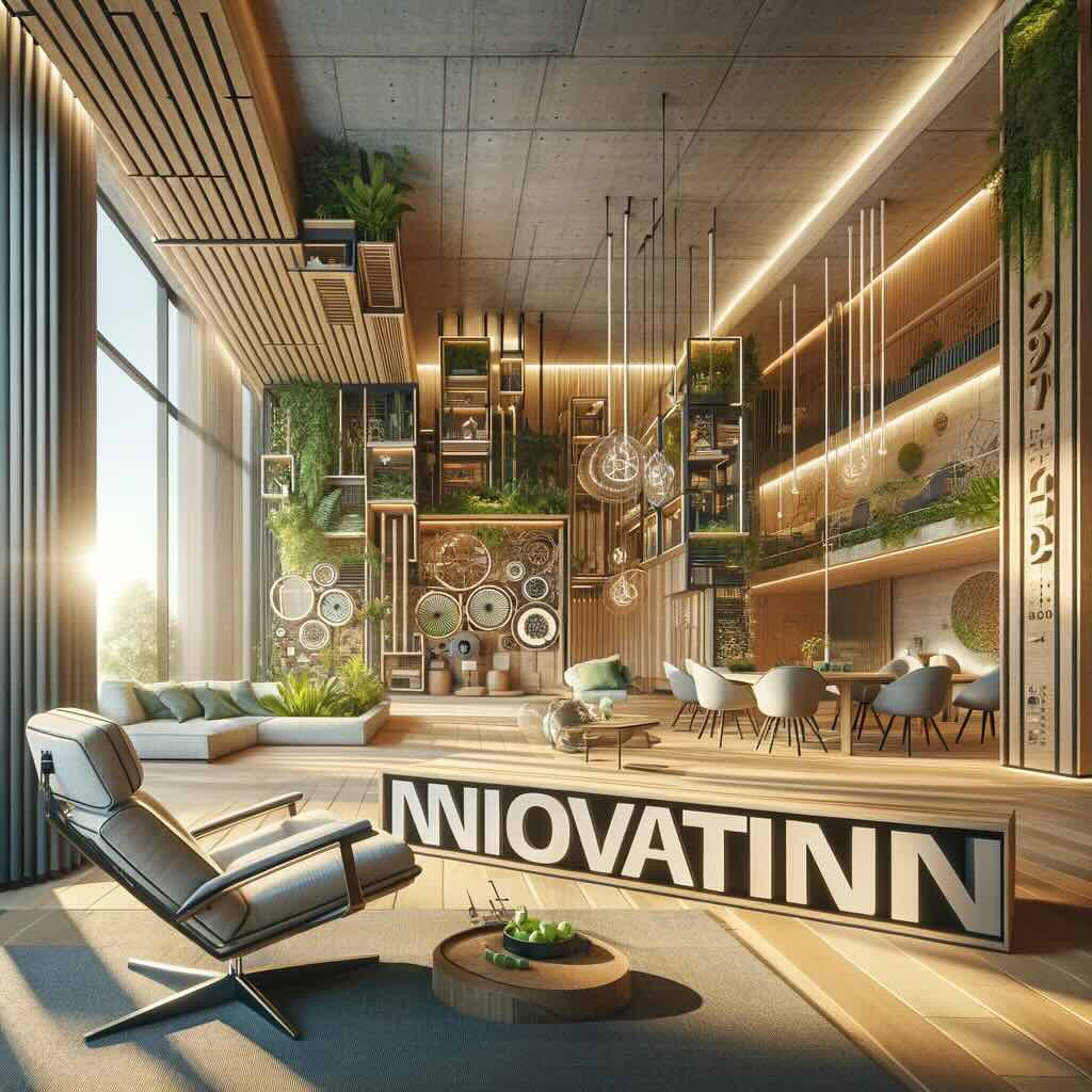 Modern interior architecture design featuring a lounge with sleek furniture, vertical gardens, and hanging lights.