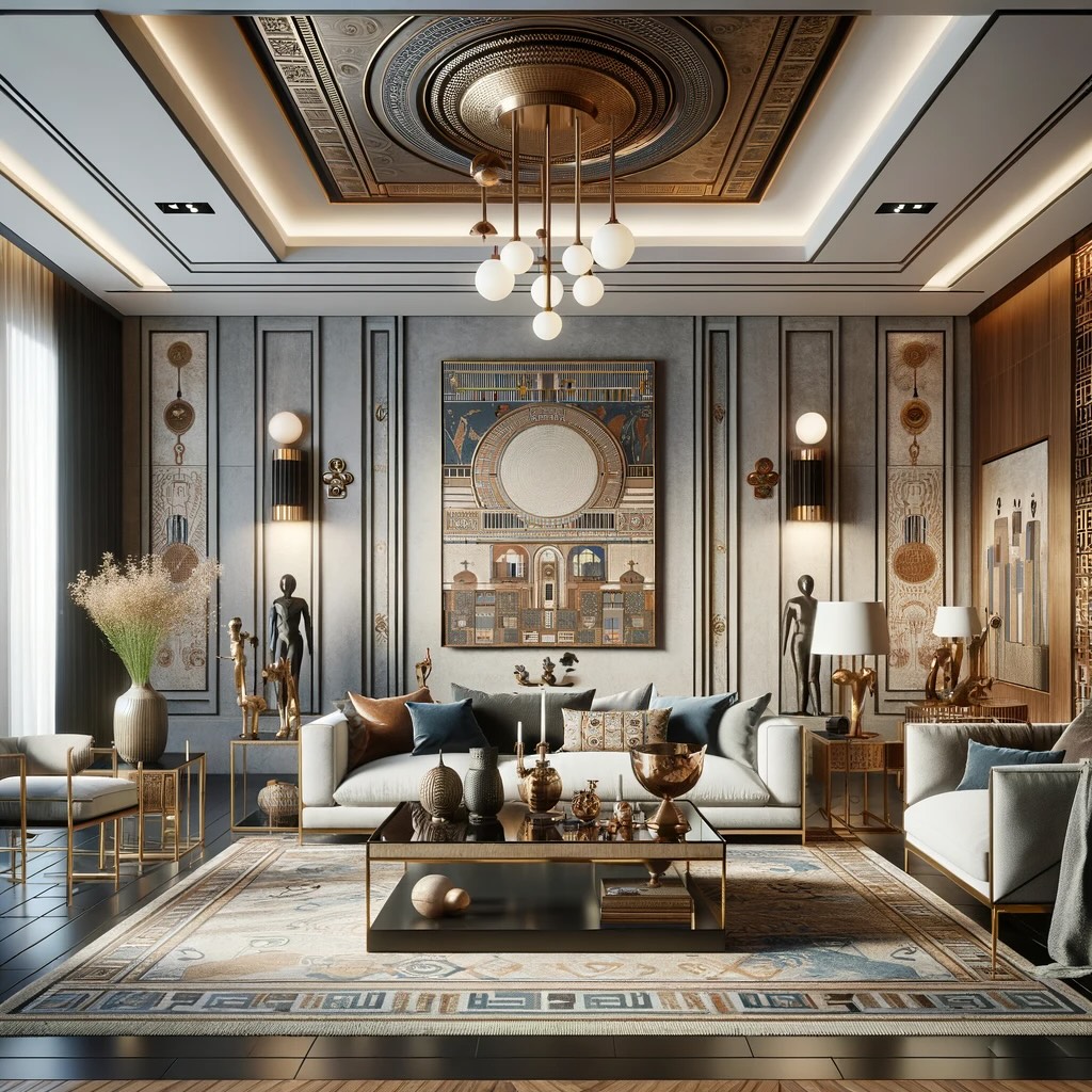 Elegant living room with a fusion of modern design and Egyptian art, located in a city like Madinaty or New Cairo