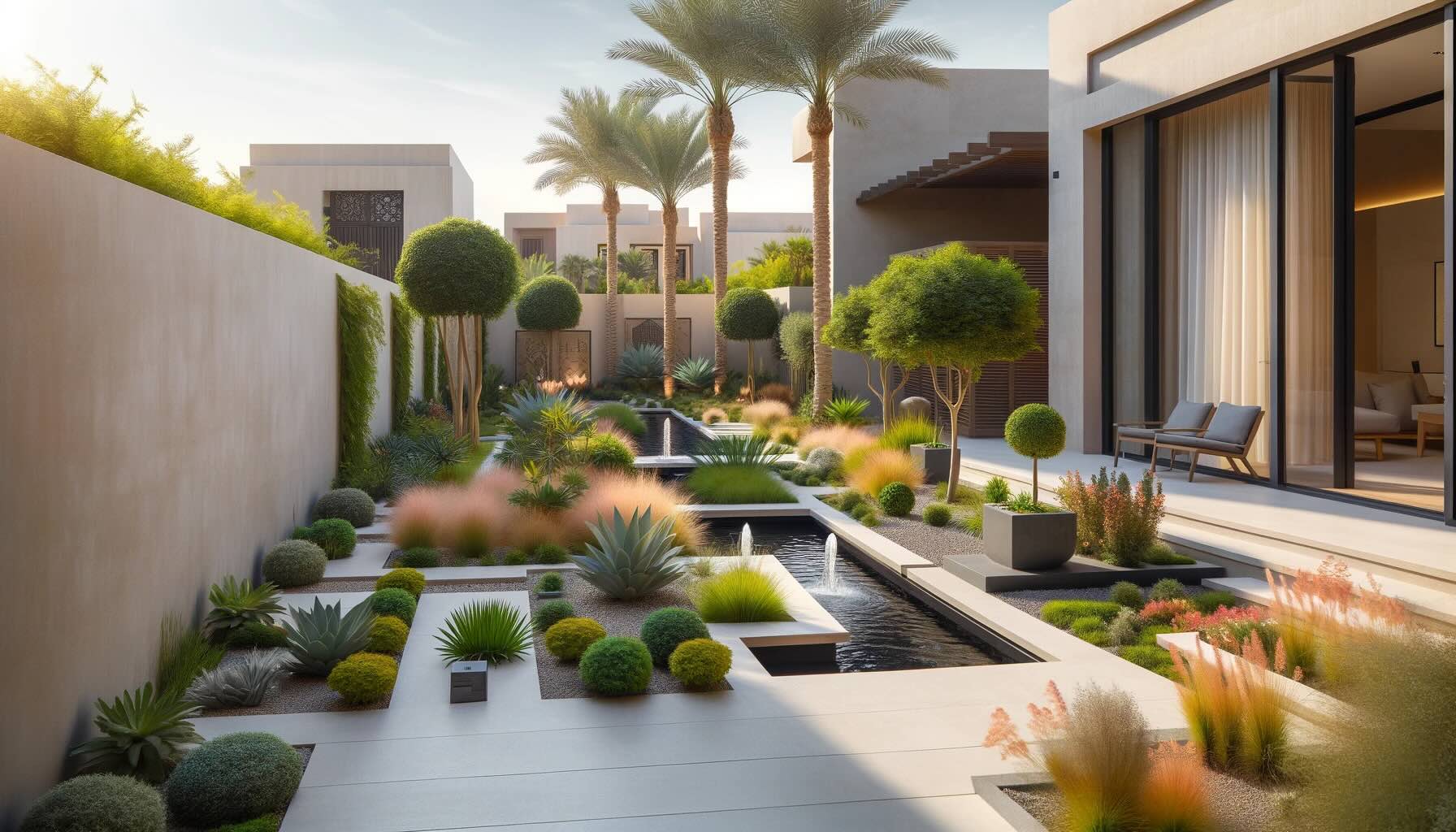 Modern landscaped garden in Egypt with minimalist design and native plants.
