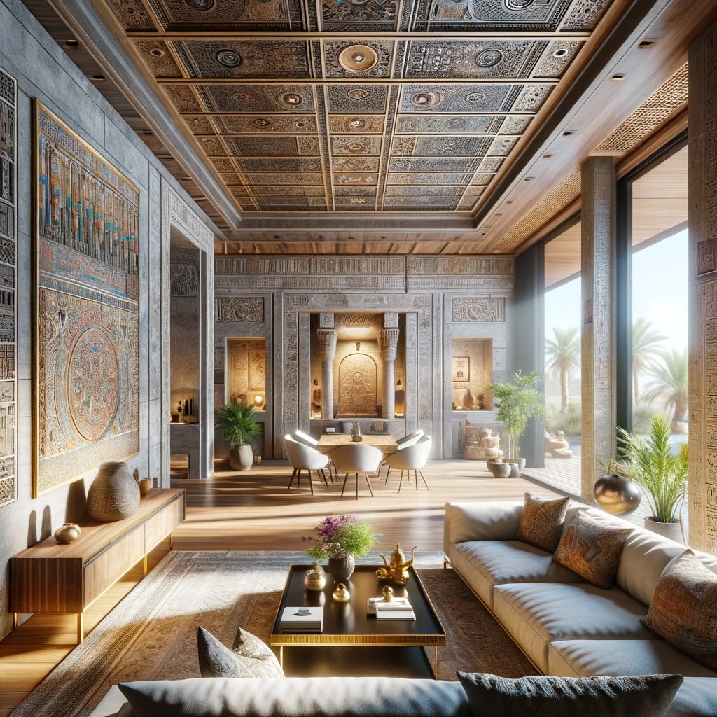 A modern Egyptian living room combining traditional cultural elements with contemporary design, featuring natural materials and practical furnishings.